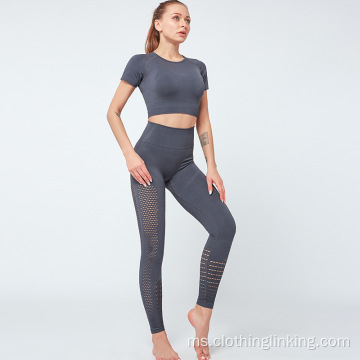 pakaian yoga untuk wanita 2pcs set lengan pendek